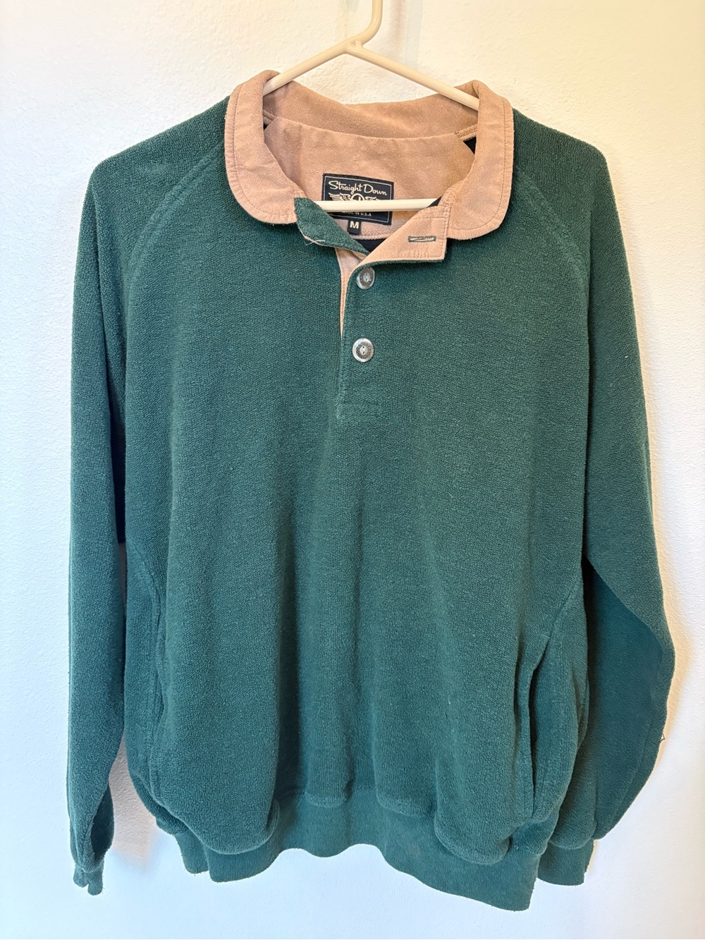 Men’s Straight Down Green Fleece Pullover with Tan Collar
